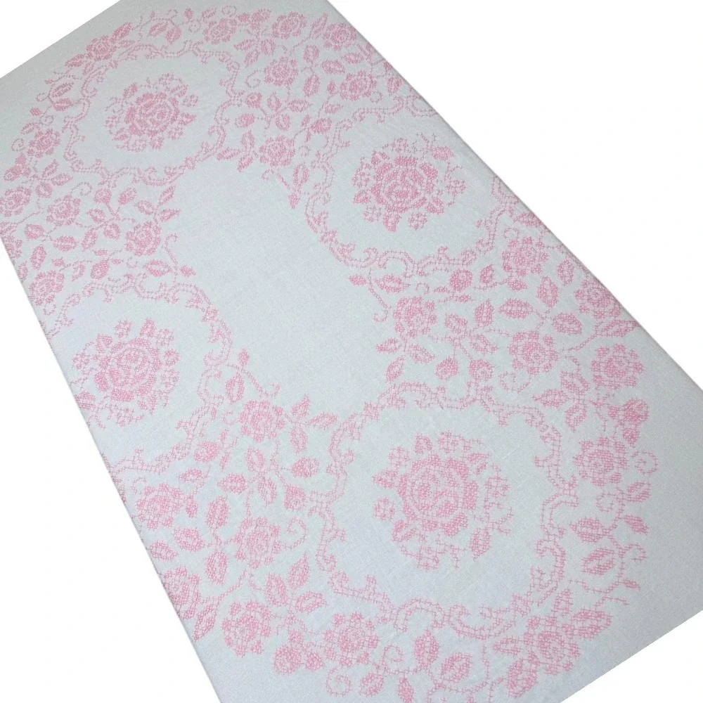 Vintage Pink Cross Stitch Rose Linen Tablecloth and 4 Napkins Set White Cotttage